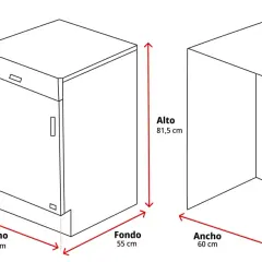 Diagrama con las medidas lavavajillas: alto 81,5 cm, ancho 59,8 cm, fondo 55 cm. Otro modelo: alto 82-87 cm, ancho 60 cm, fondo mínimo 57 cm.