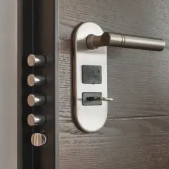 Detalle de una puerta de seguridad con múltiples cerrojos y un cilindro con llave, mostrando varios tipos de cerraduras para protección.