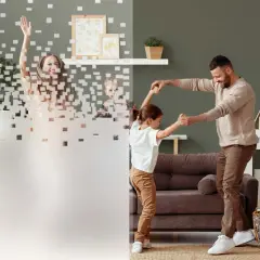 Familia feliz bailando, con diferentes tipos de vinilos decorativos que crean un efecto pixelado en la imagen.