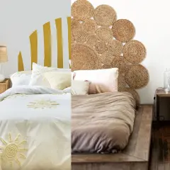 Dos ideas para hacer un cabecero: uno pintado con rayas amarillas y otro decorado con discos de yute.