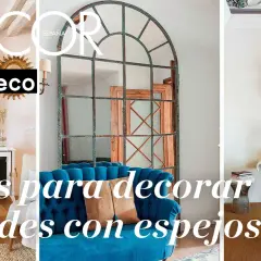 Ideas para decorar paredes con espejos: un espejo antiguo dorado, uno industrial y uno redondo moderno.