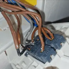Cableado de un interruptor bipolar con cables marrones y grises conectados.