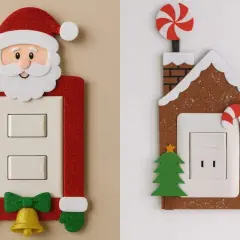 Ideas para decorar interruptores de la luz con motivos navideños: un Papá Noel y una casita de jengibre.