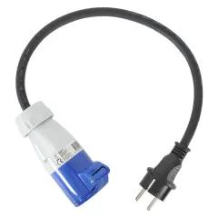 Adaptador de corriente con enchufe europeo y conector azul y blanco, mostrando como van los cables de un enchufe.