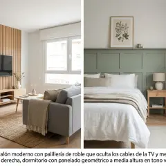 Salón con pared de lamas de madera y dormitorio con panelado verde, mostrando dos tipos de paredes.