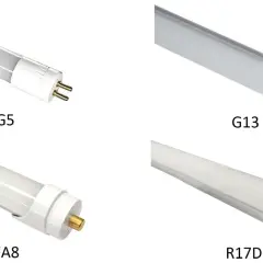 Cuatro bombillas largas: G5, G13, FA8 y R17D, cada una con su conector distintivo.