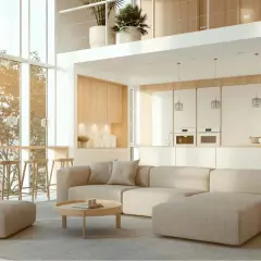 Salón con sofá modular beige, mesa de centro redonda y taburetes altos. Cocina blanca minimalista. Decoración Japandi con plantas y luz natural.