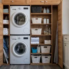 Lavaderos ideas: lavadora y secadora integradas en un armario de madera, con cestas de mimbre y toallas organizadas.
