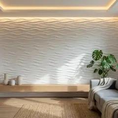 Pared con paneles 3D ondulados, un estante de madera con jarrones y un sofá gris. Una idea moderna para como panelar una pared.