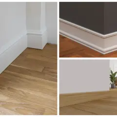 Detalles de zócalo casa: molduras blancas y de madera en esquinas y paredes, sobre suelos de parquet.