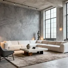 Elegante salón con sofá modular blanco, alfombra mullida y una pared con textura de mármol, ofreciendo inspiradoras soluciones para cubrir paredes.