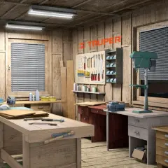 Un taller bricolaje bien equipado con herramientas colgadas, bancos de trabajo y una taladradora de columna.