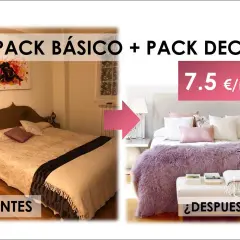 Antes y después de renovar dormitorio sin cambiar muebles. Un dormitorio se transforma con un pack deco, añadiendo cojines y mantas.
