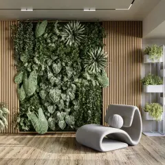 Un jardín vertical exuberante y una estantería con plantas crean un oasis natural. Una silla moderna invita a relajarse y admirar la belleza de decorar pared con plantas.