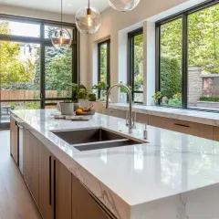 Moderna cocina con isla central de mármol, gabinetes de madera y grandes ventanales que dan a un jardín exuberante.