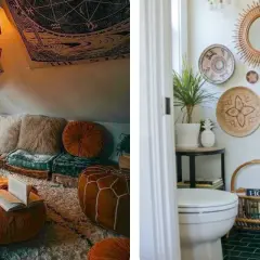 Un rincón acogedor con cojines, alfombras y luces cálidas, junto a un baño decorado con cestas y espejos, creando un estilo boho casa.