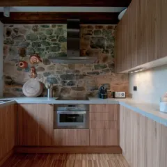 Elegantes diseños de cocinas rústicas con pared de piedra, muebles de madera y encimeras de hormigón.