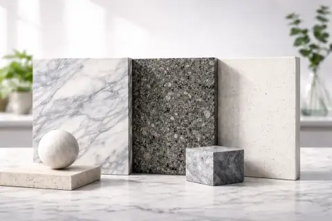 Muestras de piedra: mármol veteado, granito oscuro y piedra clara. Observa la diferencia entre granito y mármol en sus texturas.