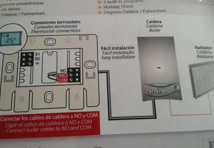 Diagrama para como poner un termostato de calefacción, mostrando conexiones a caldera y radiador.