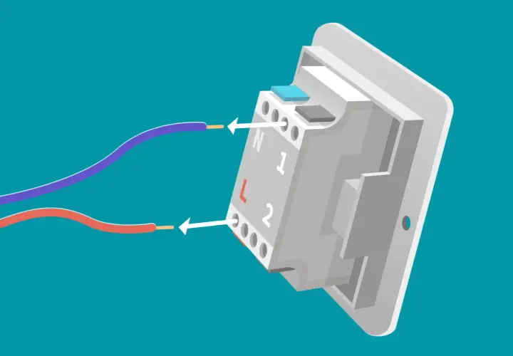 Diagrama para saber como cambiar un interruptor de luz, mostrando la conexión de cables a los terminales N, L, 1 y 2.