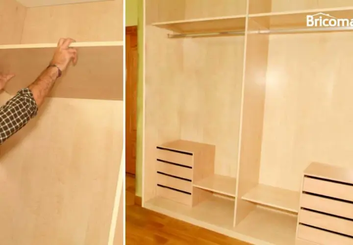 Man installing a shelf in a wooden closet, showing how to make a built-in wardrobe.