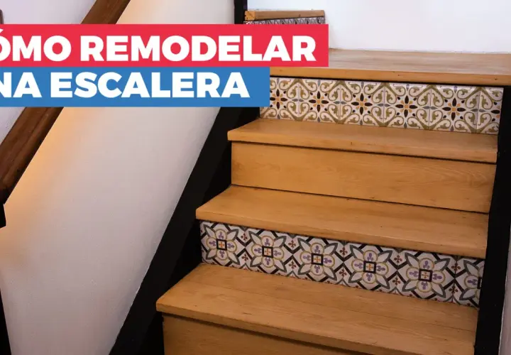 Escalera de madera renovada con azulejos decorativos en los contrahuellas. ¡Descubre cómo pintar escalera de madera sin lijar para un cambio rápido!