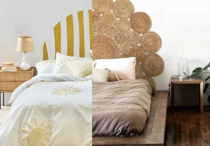 Dos ideas para hacer un cabecero: uno pintado con rayas amarillas y otro decorado con discos de yute.