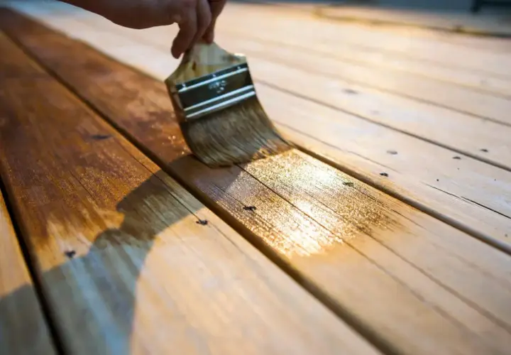 Aplicando barniz sobre barniz sin lijar, una mano de protección para la madera.