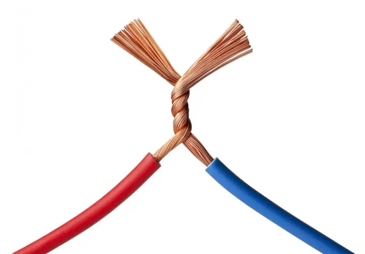 Dos cables, uno rojo y otro azul, se unen en un nudo de cobre. ¿Cuál es el cable L?