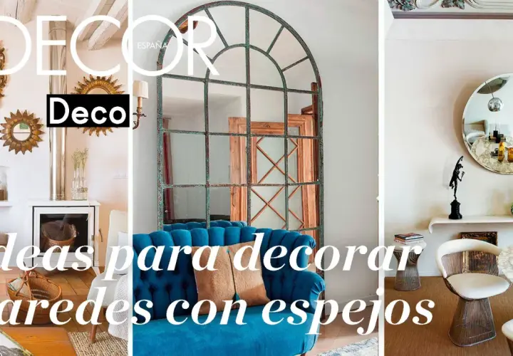 Ideas para decorar paredes con espejos: un espejo antiguo dorado, uno industrial y uno redondo moderno.