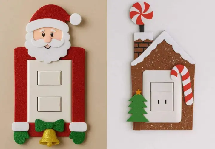 Ideas para decorar interruptores de la luz con motivos navideños: un Papá Noel y una casita de jengibre.