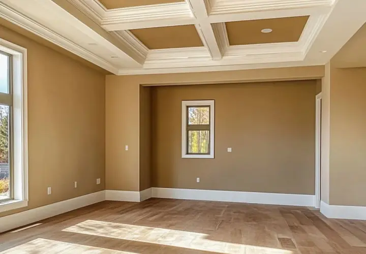 Habitación vacía con paredes color caramelo, techo artesonado blanco y suelo de madera. Ideal para empezar a pensar como pintar una habitacion.