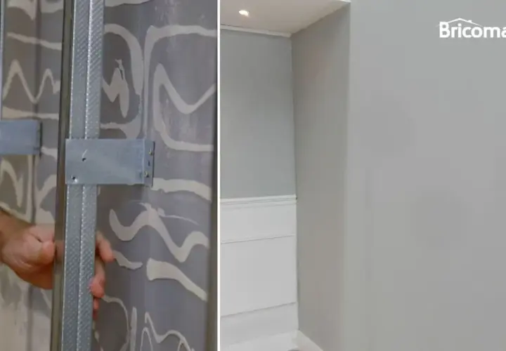 Instalación de estructura metálica para colocar pladur. A la derecha, pared terminada en gris claro.