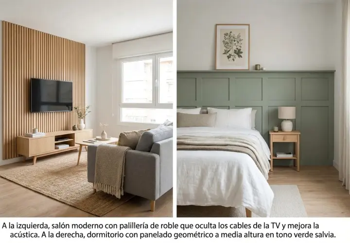 Salón con pared de lamas de madera y dormitorio con panelado verde, mostrando dos tipos de paredes.
