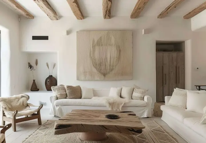 Salones ibicencos con vigas de madera, sofás blancos, mesa de centro rústica y sillón de borrego.