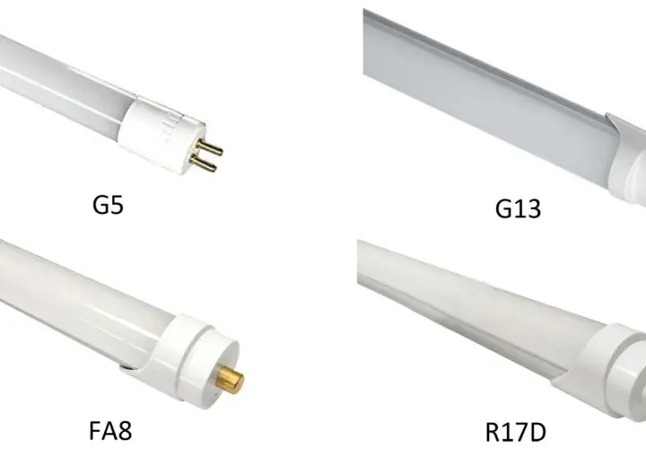 Cuatro bombillas largas: G5, G13, FA8 y R17D, cada una con su conector distintivo.