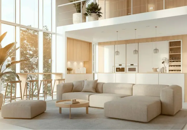 Salón con sofá modular beige, mesa de centro redonda y taburetes altos. Cocina blanca minimalista. Decoración Japandi con plantas y luz natural.