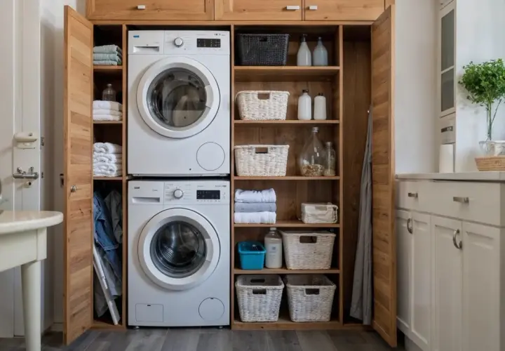 Lavaderos ideas: lavadora y secadora integradas en un armario de madera, con cestas de mimbre y toallas organizadas.