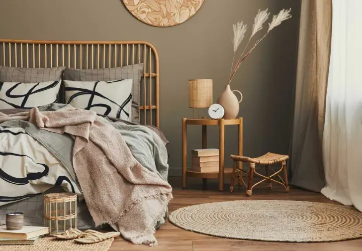 Ideas como decorar una habitación de matrimonio moderna: cama de ratán, ropa de cama con estampado abstracto, manta rosa, alfombra redonda de yute y mesa auxiliar de madera.