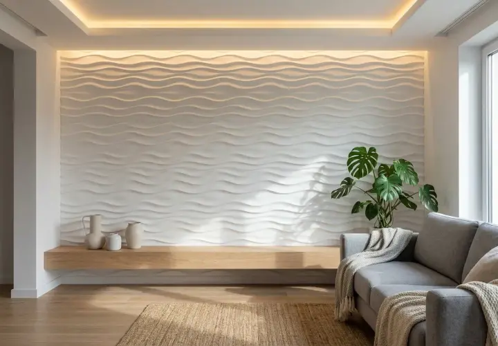 Pared con paneles 3D ondulados, un estante de madera con jarrones y un sofá gris. Una idea moderna para como panelar una pared.