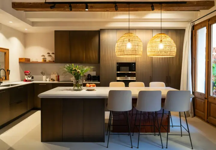 Cocina alargada con isla central y taburetes. Solución ideal para cómo distribuir una cocina alargada, maximizando el espacio y creando un área funcional.