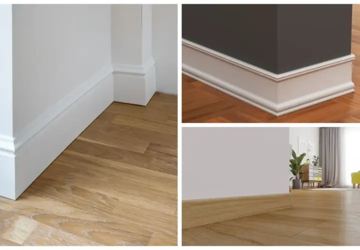 Detalles de zócalo casa: molduras blancas y de madera en esquinas y paredes, sobre suelos de parquet.