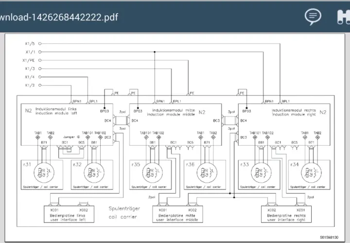 Diagrama de conexión de placa de inducción de 4 cables, mostrando módulos de inducción y sus conexiones.