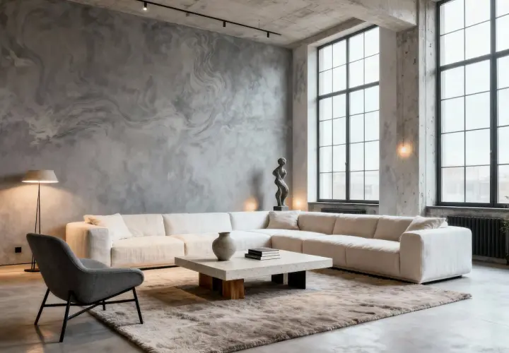 Elegante salón con sofá modular blanco, alfombra mullida y una pared con textura de mármol, ofreciendo inspiradoras soluciones para cubrir paredes.