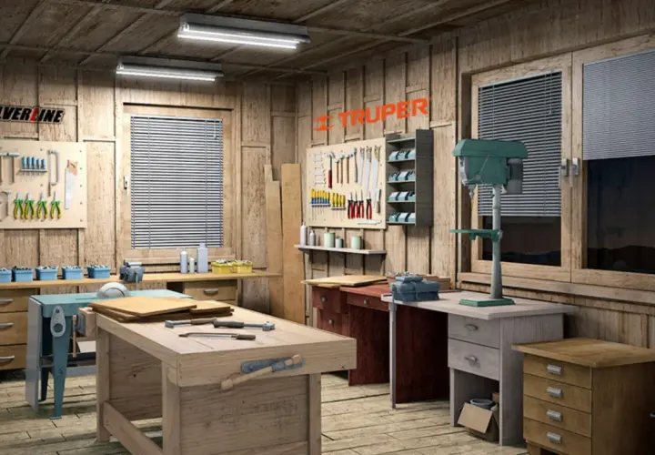 Un taller bricolaje bien equipado con herramientas colgadas, bancos de trabajo y una taladradora de columna.