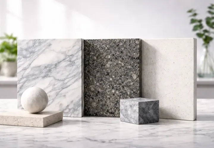 Muestras de piedra: mármol veteado, granito oscuro y piedra clara. Observa la diferencia entre granito y mármol en sus texturas.