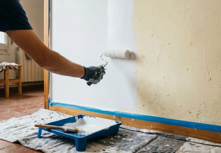 Hombre con guantes pinta pared de blanco con rodillo. Bandeja con pintura y brocha lista para seguir como pintar paredes.