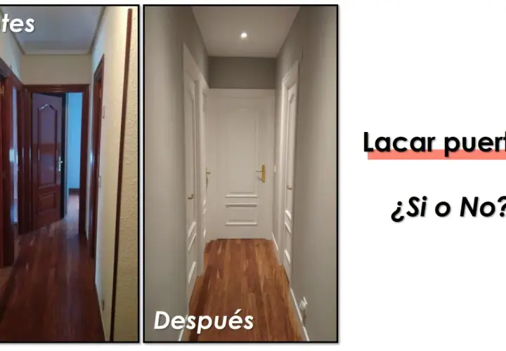 Antes y después de lacar puertas. El pasillo pasa de puertas de madera oscura a puertas blancas, transformando el espacio.