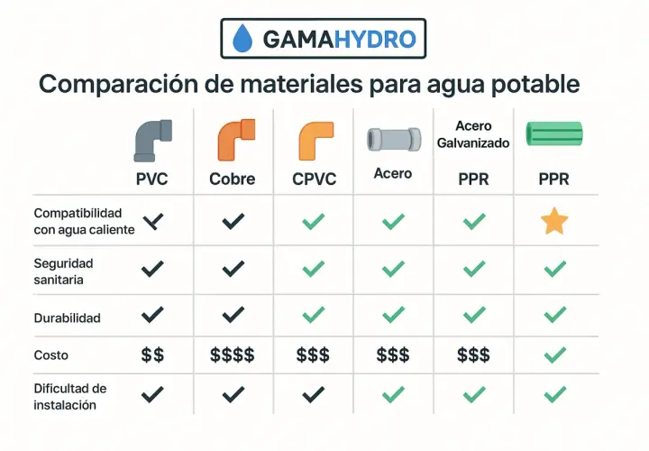 Tabla comparativa de tipos de tuberías para agua potable: PVC, Cobre, CPVC, Acero, PPR. Evalúa compatibilidad, seguridad, durabilidad, costo e instalación.