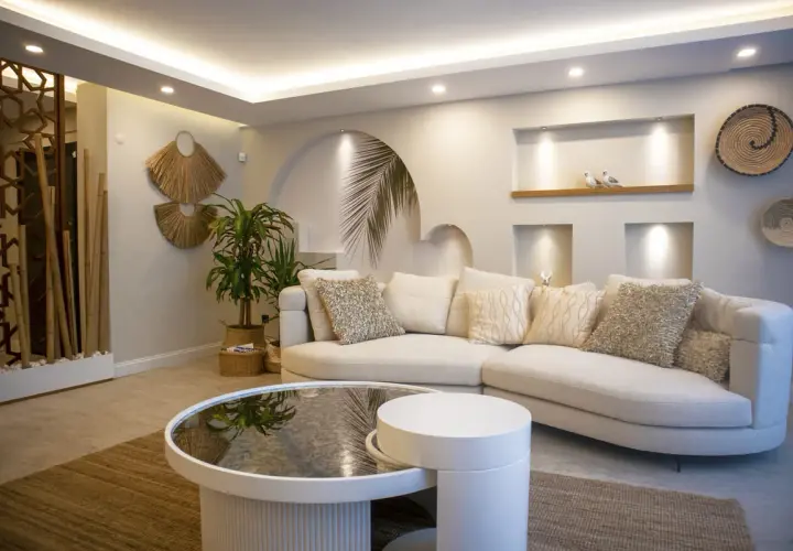 Sofá curvo blanco con cojines texturizados, mesa de centro redonda, y **últimas tendencias iluminación salones** con luces empotradas y perimetrales.